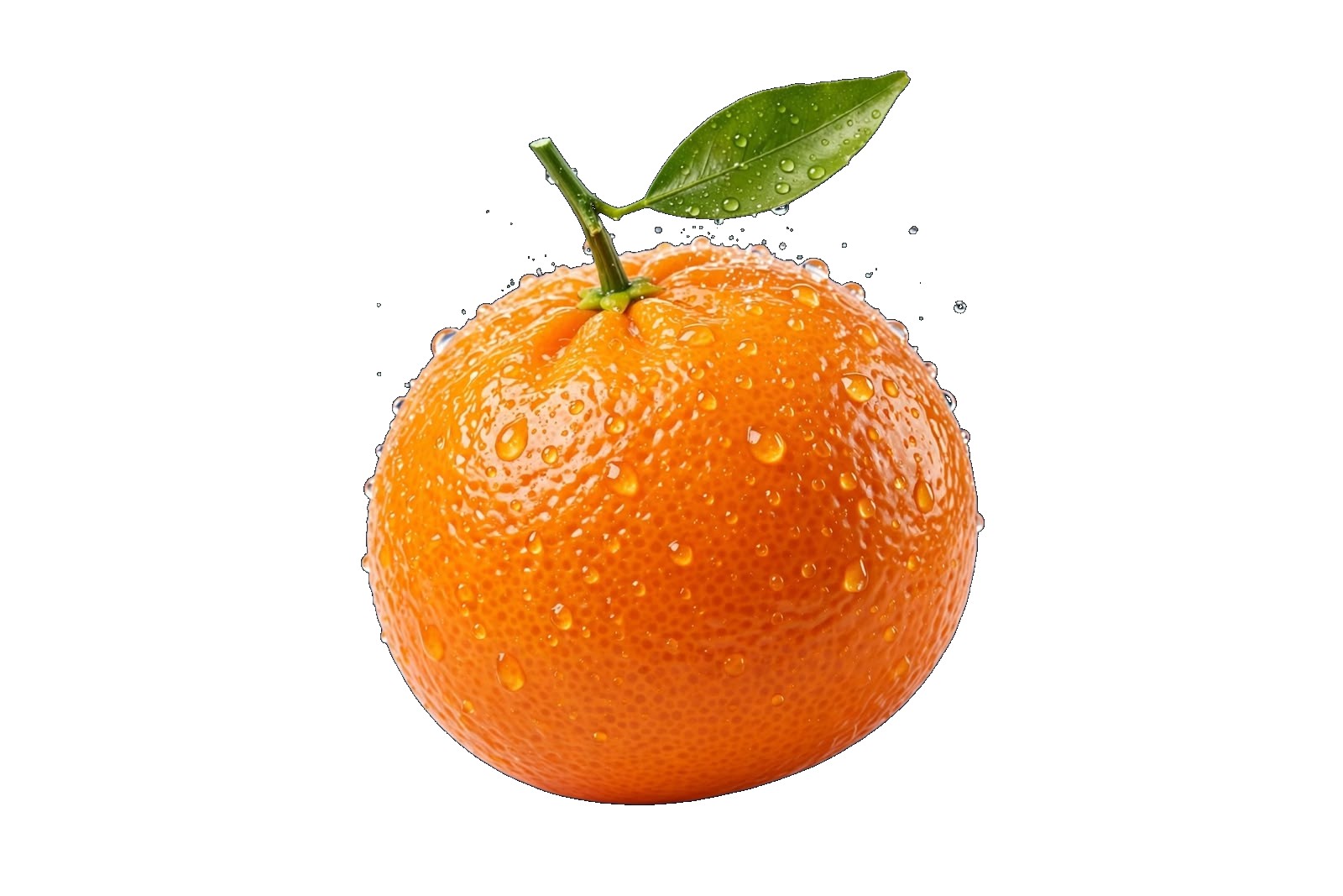 Clementina fresca con foglia e gocce d'acqua