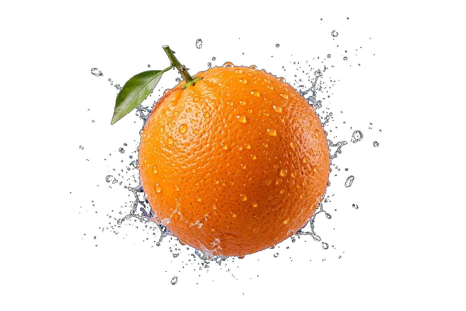 Arancia fresca con foglia e gocce d'acqua